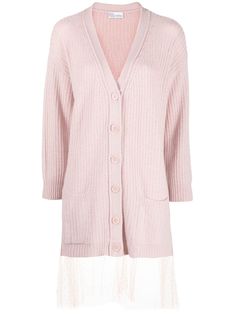 point d'esprit-tulle longline cardigan from REDValentino featuring rose pink, point d'esprit tulle, V-neck, front button fastening, drop shoulder, long sleeves, front patch pocket, straight hem and wool-blend. | RED Valentino Point D'esprit-Tulle Longline Cardigan Luxury Red Long-sleeved Cardigan, Luxury Red Long Sleeve Cardigan, Valentino Clothing, Cardigan Pink, Longline Cardigan, Knitwear Cardigan, Red Valentino, Knitwear Women, Rose Pink