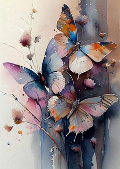 watercolor painting of three butterflies on a white and blue background with pink, orange, and purple colors