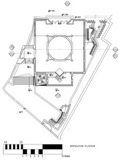 an architectural drawing showing the ground plan for a house with spiral staircases and stairs