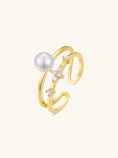 Material: 925 Sterling Silver Stone: Cubic zirconia/pearl Weight: 1.9g Inner Diameter: 1.65-1.81cm Color: Gold Item: Sold As Single Pearl Ring With Cubic Zirconia For Anniversary, Pearl Ring With Cubic Zirconia Open Ring For Anniversary, Gold Multi-stone Pearl Ring In Fine Jewelry Style, Elegant Formal Multi-stone Pearl Ring, Luxury Silver Pearl Ring, Gift, Luxury Adjustable Gold Pearl Ring, Luxury Multi-stone Pearl Ring Fine Jewelry, Ring Sale, Layering