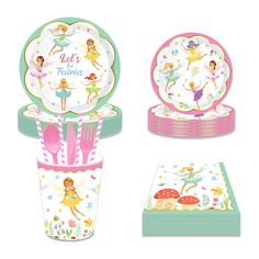 a set of party supplies including plates, napkins and cups with tinker fairy characters on them