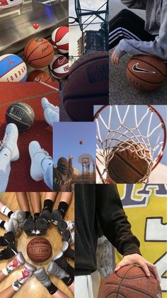 a collage of photos with different sports equipment