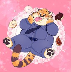 a cat in a blue suit and some donuts on a pink background