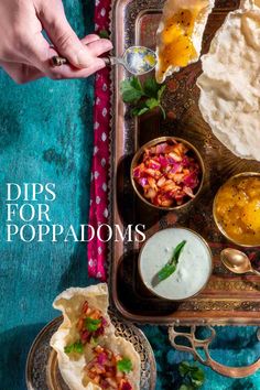 Various dips for poppadoms in snall bowls on a gold tray, surrounded by poppadoms. Indian Dips, Vegetable Curry Recipes, Beef Curry Recipe, Curry Night, Curry Recipes Easy, Homemade Dips