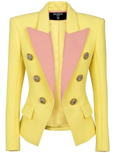 light pink/light yellow virgin wool crepe texture logo-engraved buttons two-tone design peak lapels long sleeves double-breasted button fastening two side flap pockets straight hem Minimal Monochrome, Monochrome Palette, Design Career, Yoko London, Pierre Balmain, Yellow And Pink, Summer Beach Wear, Mellow Yellow