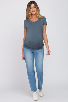 A solid short sleeve fitted top with a round neckline and side ruching. The Deep Teal Basic Short Sleeve Maternity Fitted Top is perfectly bump-friendly! Basic Shorts, Fitted Top, Pink Blush Maternity, Deep Teal, Maternity Clothes, Workout Tops, Bump, Round Neckline, Normcore