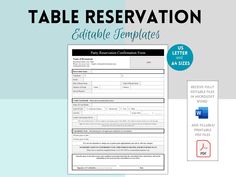 the table reservation form is shown in blue and white with an image of a person's name on it