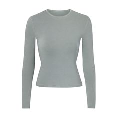 Solid Crew Neck Top With Thumbholes, Solid Color Seamless Tops With Relaxed Fit, Seamless Tops With Relaxed Fit, Basic Fitted Long Sleeve T-shirt, Fitted Long Sleeve Basic T-shirt, Basic Long Sleeve Fitted T-shirt, Stretch T-shirt For Layering, Gray Slim Fit Long Sleeve Top, Snug Fit Crew Neck Top For Loungewear