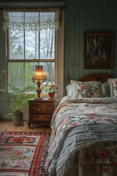 a bed sitting next to a window with a lamp on top of it in a bedroom