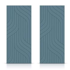 two blue door panels with wavy lines on the front and back doors, one is closed