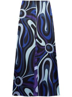 blue stretch-silk abstract pattern print contrast stitching concealed side zip fastening floor-length Blue Silk Relaxed Skirt Bottoms, Blue Silk Relaxed Skirt, Summer Blue Silk Maxi Skirt, Blue Silk Maxi Skirt For Summer, Blue Silk Wide-leg Bottoms, Blue Silk Wide Leg Bottoms, Emilio Pucci Pattern, Abstract Clothing, Pucci Pattern