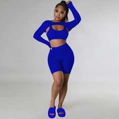 Sportswear Long Sleeve Crop Top 3 Piece Shorts Set Blue Stretch Activewear For Leisure, Solid Stretch Activewear For Leisure, Suits Outfits, Sporty Pants, Flat Pant, Elastic Waist Shorts, Long Sleeve Crop, Bra Top, Shorts Set