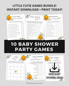 10 baby shower games with orange flowers and greenery on the side, including an instant game