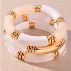 * Multi Stone Bracelet * 2.8 X 2.8" Approx Trendy White Bangle Jewelry, Trendy Adjustable White Jewelry, Trendy White Plastic Bracelets, Trendy White Plastic Bracelet, White Plastic Bracelets As Gifts, White Plastic Bracelets For Gift, White Plastic Stretch Bracelet As Gift, Trendy White Bangle Bracelets, Adjustable White Plastic Bracelets