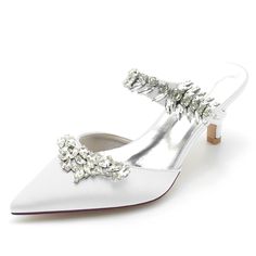 Shop White Jewelled Satin Kitten Heel Mules Shoes Wedding Women Heels color White for Big Day, Dancing Club, Going out, Night Club, Party, Wedding with worldwide Free shipping & Free return. Wedding Shoes High Heels, Shoes Bridesmaid, Formal Heels, Party Heels, Rhinestone Sandals, Shoes Wedding, Womens Wedding Shoes, Evening Shoes, Gorgeous Shoes