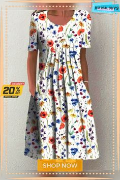 Casual Flower Round Neck Medium Length Straight Dress Casual A-line Maxi Dress With Floral Print, Flowy Knee-length Printed Floral Dress, Flowy Knee-length Floral Printed Dress, Printed Maxi Dress For Spring, White Printed Floral Dress With Short Sleeves, Shift Multicolor Floral Print Dress, Mid-length Floral Print Dress For Vacation, White Floral Print Shift Midi Dress, Multicolor Shift Dress With Floral Print