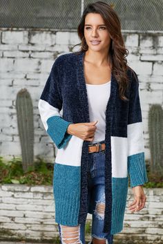 Blue White Colorblock Velvet Chenille Sweater Cardigan Blue Winter Sweater With Contrast Color, Blue Long Sleeve Color Block Cardigan, Blue Patchwork Sweater For Fall, Blue Color Block Cardigan For Fall, Fall Blue Color Block Cardigan, Cardigan Diy, Diy Cardigan, Velvet Cardigan, Knitting Cardigan