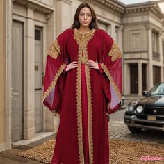 Qteee - Lavish Embroidered Gown with Bell Sleeve and Exquisite Golden Lace Trim Gold Lace Dresses, Estilo Hijab, Embroidered Robes, Lace Trim Dress, Muslim Fashion Dress, Arab Fashion, Embroidered Applique, African Dresses, Crewneck Dress