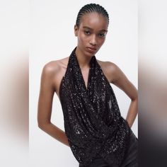 V-Neck Halter Top. Sequin Appliqus And Draped Fabric. Asymmetric Hem. Back Tie Closure In Tonal Matching Fabric. V Neck Halter Top, Sequin Halter Top, Oversized Long Sleeve Shirt, Zara Spain, White Long Sleeve Tee, Sequin Halter, Corset Style Tops, Strapless Crop Top, Top Halter