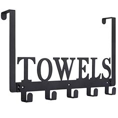 a towel rack with the word towels hanging from it's sides and two hooks on each side