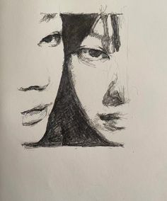 a black and white drawing of a person's face with two different angles to each other