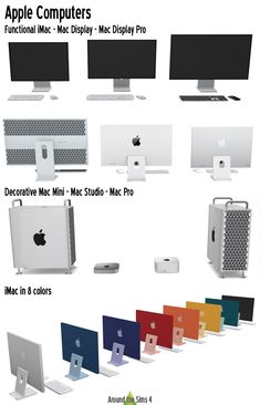 an apple desktop computer with all the components labeled in this graphic above it and below it are several different color options