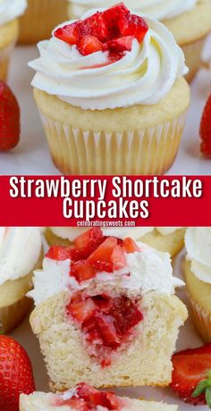 strawberry shortcake cupcakes with cream cheese frosting and strawberries on top