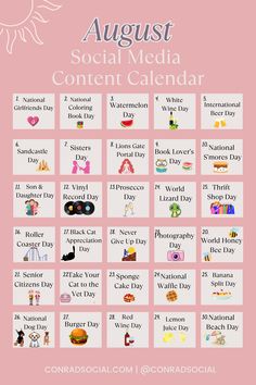 August Social Media Content Calendar and Post Ideas August Content Ideas, Content Calendar Ideas, Marketing Campaign Ideas, Campaign Ideas, Social Media Content Calendar