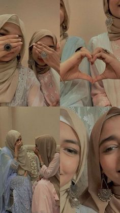 several pictures of a woman in hijab making a heart shape with her hands