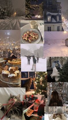 a collage of photos with people and animals in the snow at night, on christmas eve