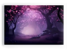 a purple forest filled with lots of trees and rocks in the middle of it's night