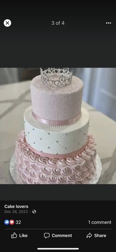 a three tiered cake with a tiara on top is shown in an instagram