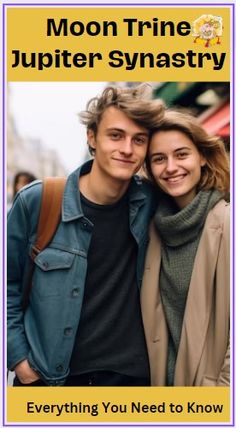 a man and woman standing next to each other in front of a yellow sign that says moon