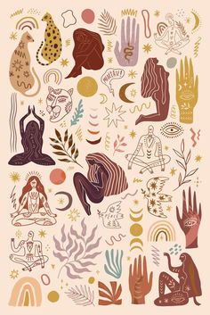 an illustration with different types of people and symbols on it, including hands, trees, stars