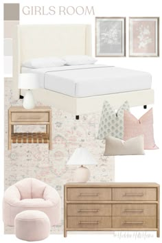 a bedroom with pink furniture and wallpaper in shades of white, beige, and grey