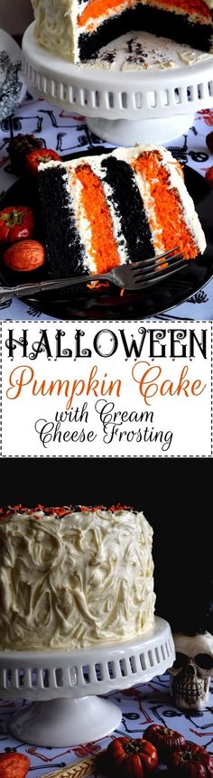 halloween pumpkin cake with cream cheese frosting on a white platter and black plate