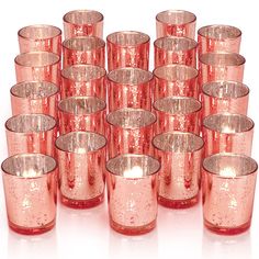 a bunch of pink glasses sitting next to each other