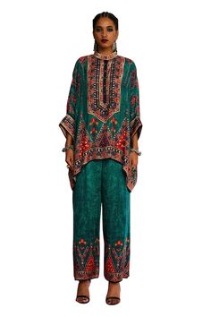 Multicolored kaftan style tunic with floral geometric pattern and embroidery along the placket. - Aza Fashions Rajdeep Ranawat, Floral Geometric Pattern, Kaftan Style, Tunic Pattern, Floral Geometric, Band Collar, Green Silk, Womens Tunics, Embroidered Silk