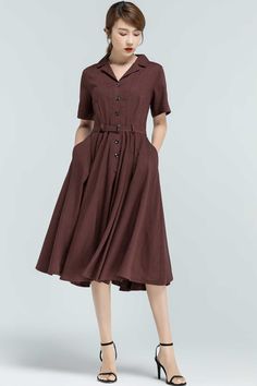 "This swing dress is a 50s inspired shirt dress , featuring classic open neck, notched collar, and center front button closure, finished with a swing skirt, and handy side seam pockets. DETAIL * Made of linen- cotton fabric * 50% linen ,50% cotton * Two seam pocket * Button front closure * Short sleeve * Notched collar * Below knee * Tie belt * More colors https://etsy.me/3wWb0UN SIZE GUIDE Size vary between Brand and Country Please get your body measurement with our Size Guide And Find your siz Picnic Fashion, Dress Picnic, Vintage Midi Dresses, Handmade Skirts, Picnic Dress, Shirtwaist Dress, Open Neck, White Dresses For Women, Button Front Dress