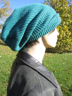 "Thick Blue Green TEAL Thick Long Back Slouchy Beanie Hat medium- Heavy weight COTTON KNIT VACATIONHOUSE Fine Quality Hats, Beanies, Leather Jewelry, Leather Hair Wraps & Accessories. Luxury Fibers & Italian Leathers www.Vacationhouse.etsy.com Actual measurements Length 17\" length Cuffed Width at rib 20\".. 26\" fully stretched Models head size is 23\" Contents: 100% Cotton Vacationhouse Hats Many styles and looks. There is truly something for everyone. We hope you enjoy wearing our sty Casual Slouchy Crochet Cap, Blue Soft Knit Hat For Fall, Casual Slouchy Crochet Hat, Casual Slouchy Crochet Hat One Size, Casual Slouchy Crochet Hat, One Size, Knitted Blue Beanie For Fall, Trendy Slouchy Crochet Hat For Fall, Blue Beanie For Fall, Blue Knitted Hat For Fall