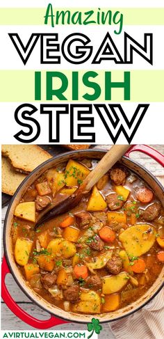 a large pot of vegan Irish stew Vegan Irish Stew, Vegan Stew Recipes, Keto Air Fryer Recipes, Vegetarian Stew, Vegan Crockpot Recipes, Vegan Crockpot, Keto Air Fryer, Tea Burn, Vegan Stew