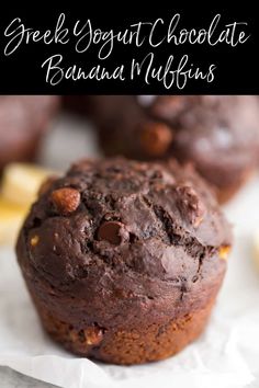 a chocolate muffin is sitting on top of some parchment paper with the title overlay