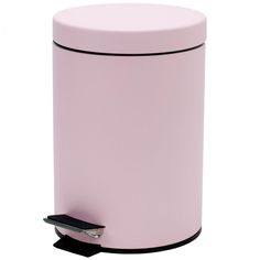 a pink trash can with a black lid