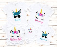 three baby onesuits with unicorn ears and sunglasses on them, one has the word daddy