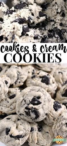 chocolate chip cookies and cream cookies on a white plate with text overlay that reads cookies and cream cookies