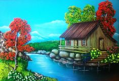 a painting of a cabin by the water with red trees and flowers on either side