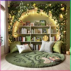 a living room filled with lots of green furniture and bookshelves covered in plants