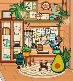 a room filled with lots of plants and pictures on the wall above a desk in front of a bookshelf