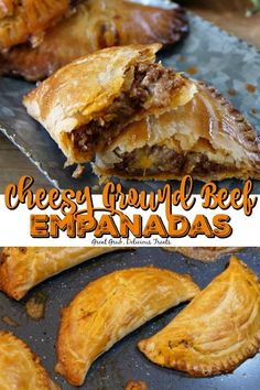 some food is laying out on a pan with the words cheese ground beef empanadas