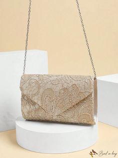 BirdinBag - Chic Floral Envelope Bag with Chain Strap - Fashion Statement Gold Rectangular Flap Bag For Party, Elegant Gold Pouch Flap Bag, Rectangular Gold Flap Bag For Parties, Elegant Envelope Flap Bag For Evening, Beige Clutch Flap Bag For Evening, Elegant Envelope Flap Evening Bag, Beige Envelope Clutch For Party, Beige Pouch Flap Bag For Evening, Elegant Envelope Bag With Chain Strap